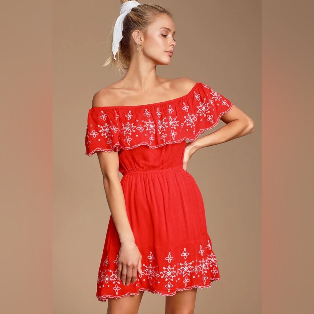 LULUS - Layla Red Ruffle Embroidered Skater Dress